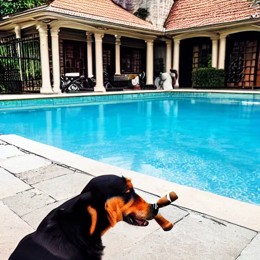 Image similar to a very detailed photo of a dog smoking a cigar outside the mansion by the pool