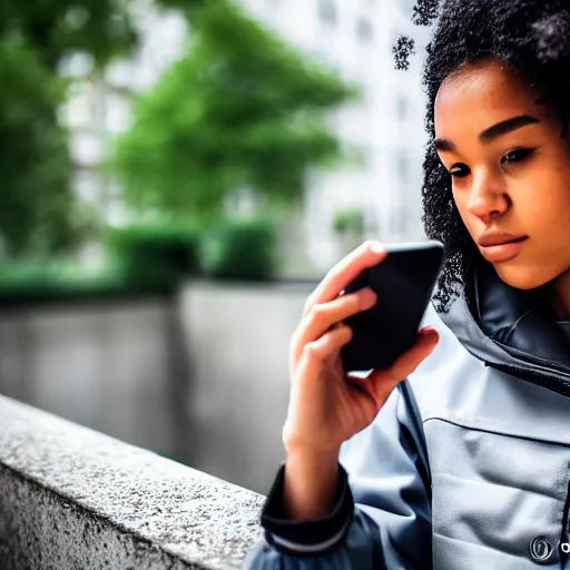 Image similar to candid photographic portrait of a poor techwear mixed young woman using a phone inside a dystopian city, closeup, beautiful garden terraces in the background, sigma 85mm f/1.4, 4k, depth of field, high resolution, 4k, 8k, hd, full color