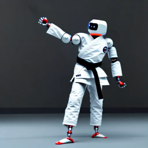 Image similar to robot in a karate suit practicing karate, hyperrealistic, unreal engine, 3 d, octane render, 8 k, made it look like it was made by dall - e 2