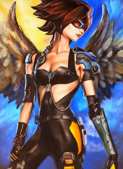 Image similar to full body oil painting of tracer overwatch, angel wings, dramatic painting, symmetrical composition, wearing detailed leather choker, black shiny armor, detailed face and eyes,