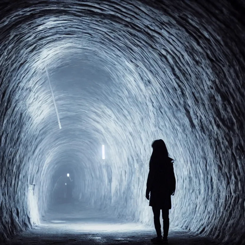 Prompt: a person in a dark tunnel with a light on, cyberpunk art by Elsa Bleda, by Elsa Bleda unsplash contest winner, aestheticism, national geographic photo, associated press photo, dystopian art