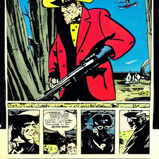 Image similar to hugo pratt comic book of donal duck killing pirates with a gun