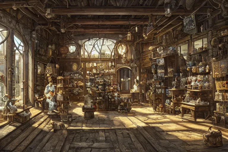 Image similar to A general goods store viewed from the inside, texture, intricate, details, highly detailed, masterpiece, architecture, building, trending on artstation, focus, sharp focus, concept art, digital painting, fantasy, sunny, day, midday, in the style of Dungeons and Dragons