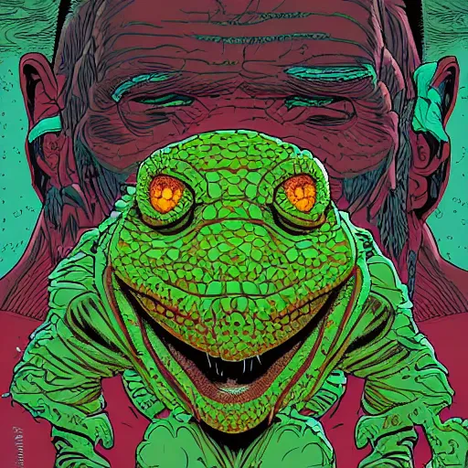 Prompt: portrait of lizard man removing human skin mask by Dan Mumford and Josan Gonzalez, ultra detailed, hyper realism