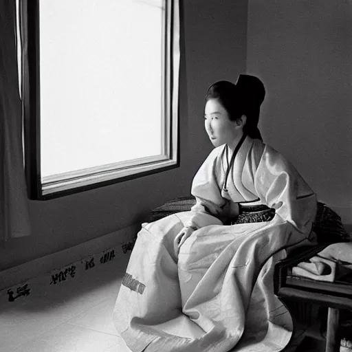 Prompt: woman in traditional hanbok waiting in living room while a giant Kaiju-eiga starfish is behind the window, 35mm film still, monochrome Wes Anderson and Fritz Lang