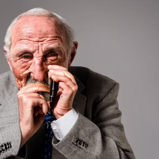 Prompt: Studio photo close up of an old man wearing a suit and smoking a pipe, battered by life, 4k HDR, sigma 85mm f/1.4, atmospheric lighting