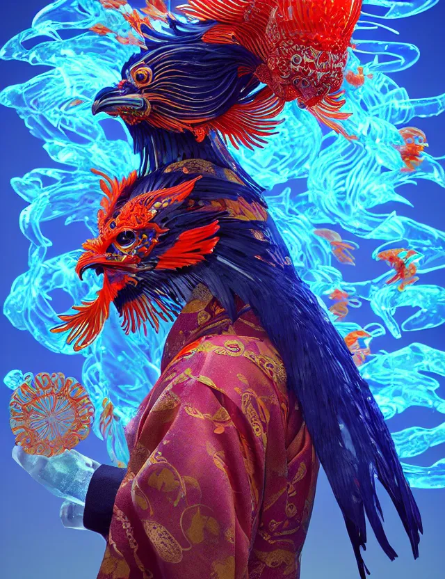 Image similar to 3 d shaman profile portrait. beautiful intricately detailed japanese crow kitsune mask and clasical japanese kimono. betta fish, jellyfish phoenix, bio luminescent, plasma, ice, water, wind, creature, artwork by tooth wu and wlop and beeple and greg rutkowski