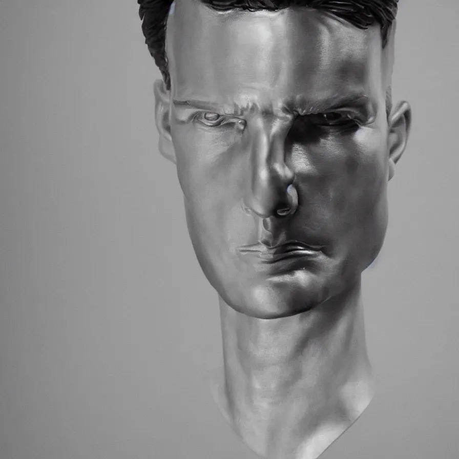 Prompt: studio photograph of hyperrealistic accurate portrait sculpture of tom cruise, beautiful symmetrical!! face accurate face detailed face realistic proportions, made of polished steel plate armor on a pedestal by ron mueck and frank frazzetta, hyperrealism cinematic lighting shocking detail 8 k