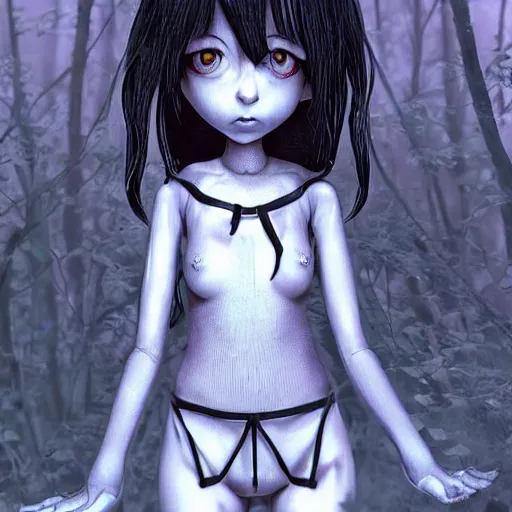 Image similar to Manga cover portrait of an extremely cute and adorable beautiful, creepy!! Aubrey Plaza as a sleep paralysis demon horror girl, dim lighting, long disheveled hair hanging over her eyes, eerie atmosphere, 3d render diorama by Hayao Miyazaki, official Studio Ghibli still, color graflex macro photograph, Pixiv, DAZ Studio 3D