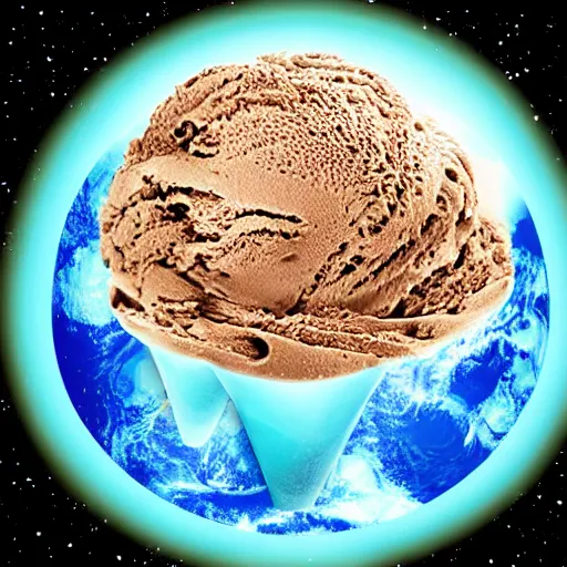 Image similar to earth made of ice cream, in a cone, which is melting under the heat