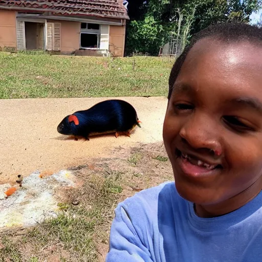 Image similar to a Guinea pig taking a selfie in front of a burning house