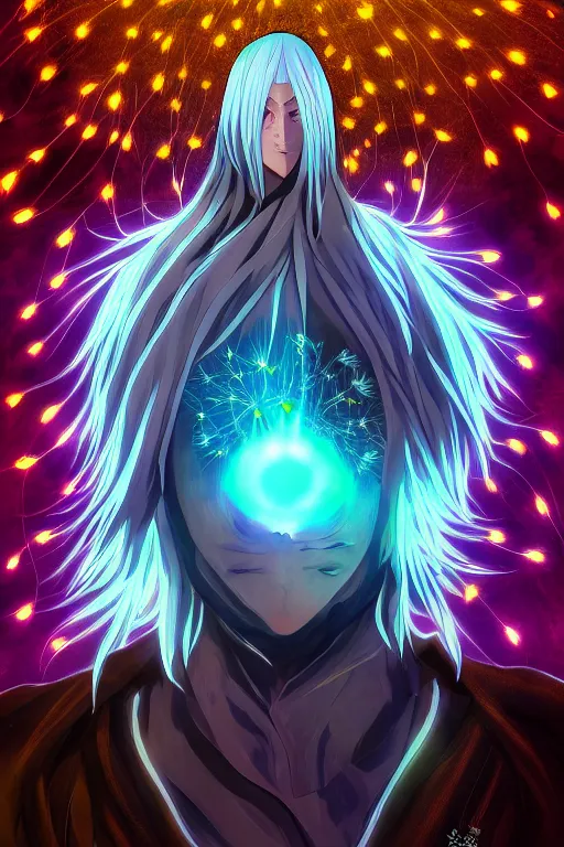 Image similar to glowing luminescent dandelion male anime character, symmetrical, highly detailed, digital art, sharp focus, trending on art station, amber eyes, autumnal colours