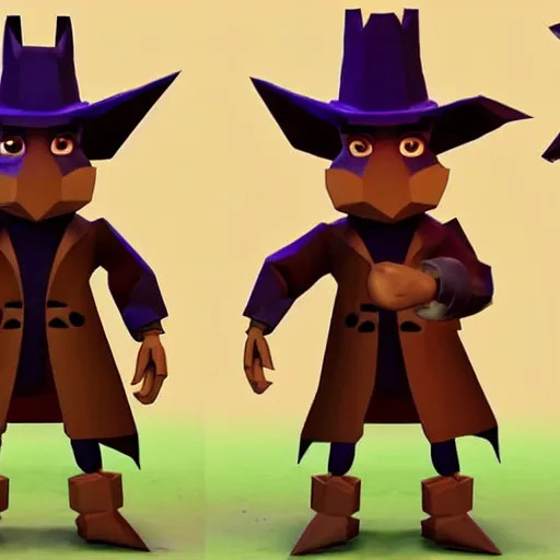 Image similar to image of a humanoid inspector badger with a brown trenchcoat as an npc in spyro the dragon video game, with low poly playstation 1 graphics, upscaled to high resolution