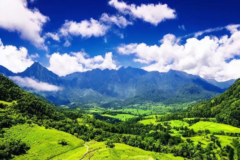 Prompt: wide, lush scenic landscape, grand majestic mountains, valley, blue sky, white clouds, professional photography, realistic, highly detailed, 8 k