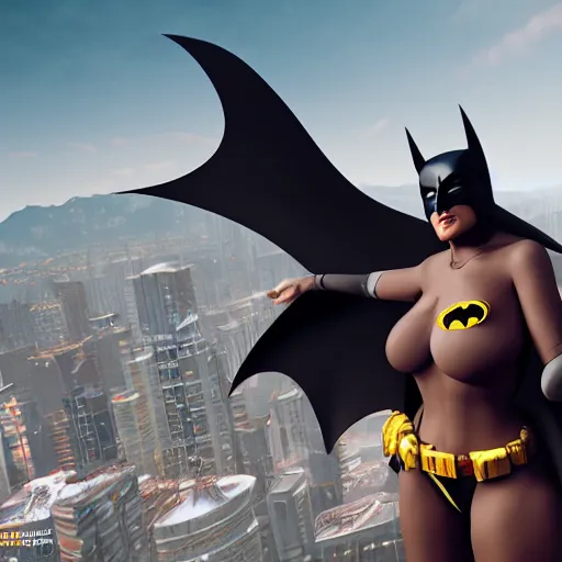 Image similar to big curvy batman woman, super realistic, super detailed, high octane, photorealistic, rendering 8 k, 8 k octane, unreal engine,