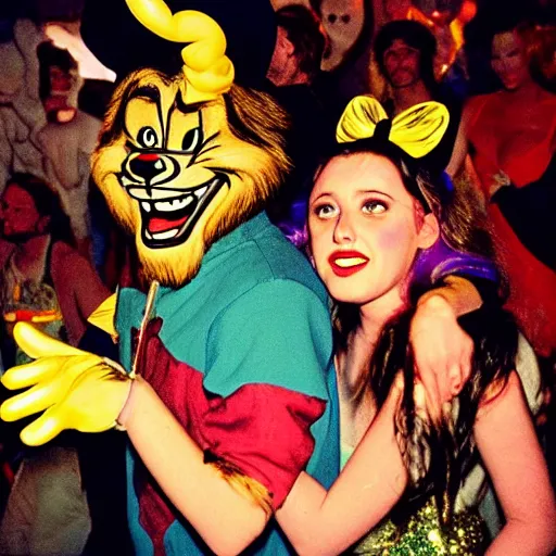 Image similar to Disney's real life characters of The Beauty and the Beast rocking hard on an Acid House track at a small rave party, shot with a disposable camera with flash