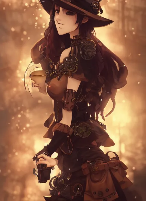 Image similar to steampunk themed anime girl with a steampunk robotic crow on her shoulder, finely detailed, portrait, beautiful, cinematic lighting, made by wlop, artgerm, illustration