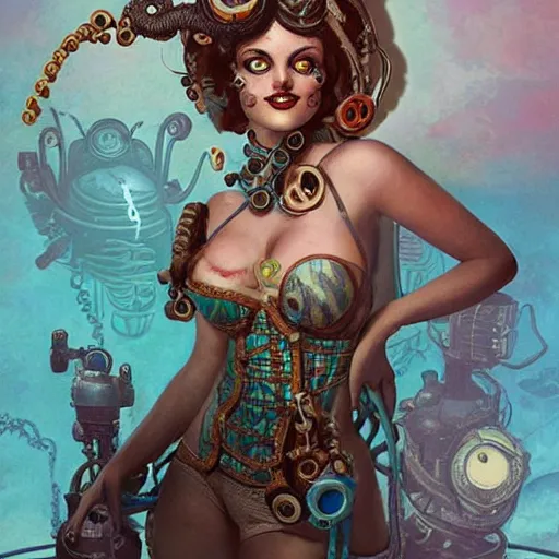 Image similar to lofi underwater steampunk bioshock bikini, octopus, Pixar style, by Tristan Eaton Stanley Artgerm and Tom Bagshaw.