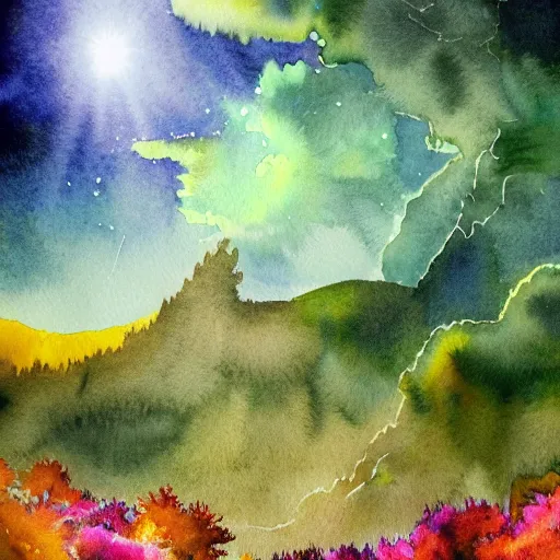 Image similar to beautiful lush imposing natural scene on another planet. different than earth but beautiful. lightfall. beautiful detailed artistic watercolor. trending on artstation and deviantart.