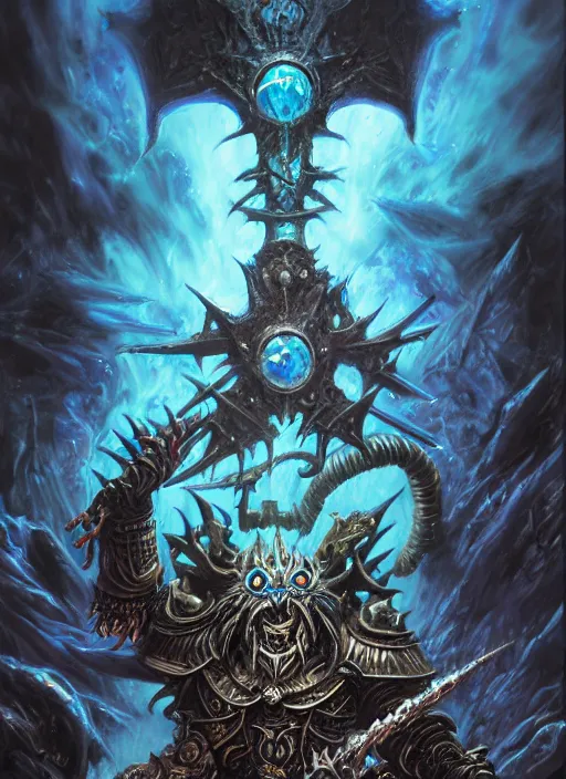 Image similar to wide shot of a wizard of tzeentch, evil warp energy, warp lightning, blue runes, intricate, warhammer, warhammer 4 0 k, highly detailed, digital painting, concept art, sharp focus, illustration, psychedelic, grim dark, moody, gloomy, art by john blanche, by pedro nunez, by jaime martinez, by nacho molina