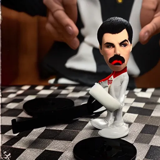 Prompt: a stopmotion puppet of freddie mercury, vinyl action figure, plastic, toy