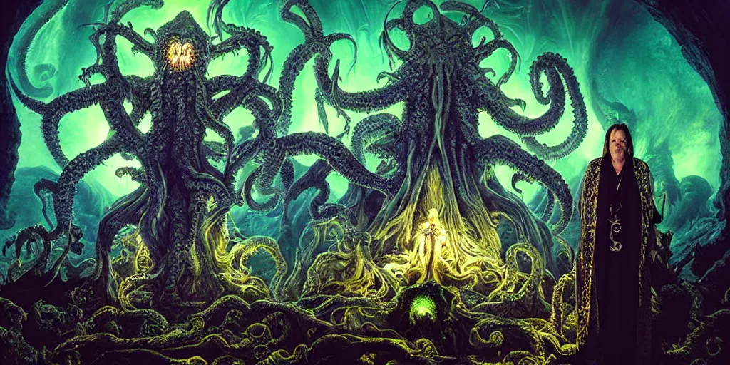 Image similar to photorealistic necromancer priest in an invoking ritual in front of a giant cthulhu in a large landscape, intricate, elegant, glowing lights, art by david lachapelle, photography by annie leibovitz