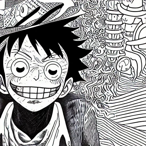 Image similar to monkey d. luffy finding the one piece, an ultrafine detailed illustration by james jean, intricate linework, bright colors, final fantasy, behance contest winner, vanitas, angular, altermodern, unreal engine 5 highly rendered, global illumination, radiant light, detailed and intricate environment