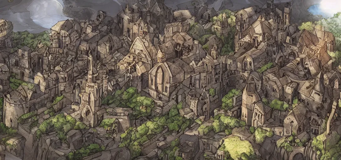 Prompt: huge medieval city, interesting rocky shaped terrain, digital art, full metal alchemist, art by craign mullin