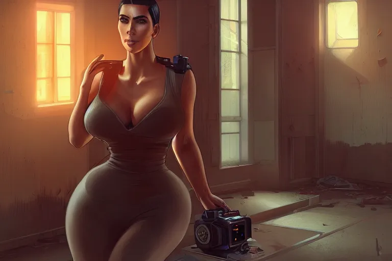 Image similar to cop kim kardashian inside a derelict apartment, glowing walkie talkie, realistic portrait, symmetrical, highly detailed, digital painting, artstation, concept art, smooth, sharp focus, illustration, cinematic lighting, art by artgerm and greg rutkowski and alphonse mucha