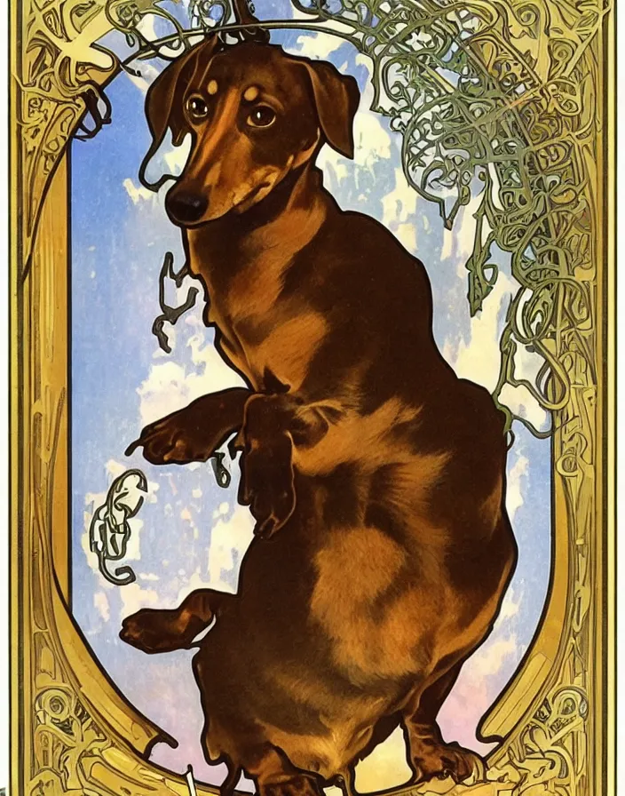 Image similar to Dachshund drinking absinthe by Alphonse Mucha