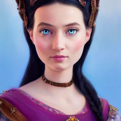 Image similar to a portrait of a jewish princess in a disney movie, oil painting, pale colors, high detail, 8 k, wide angle, trending on artstation,