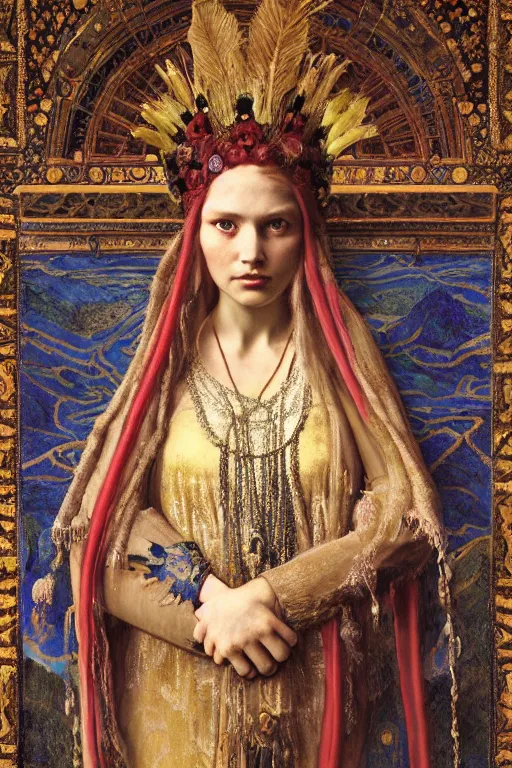 Image similar to coronation portrait of the queen of the dawn mountains, by Donato Giancola and John Bauer and John William Godward and Vermeer, embroidered velvet, iridescent beetles, rich color, ornate headdress, flowing robes, lost runes, ancient civilizations, dramatic cinematic lighting, featured on Artstation, cgisociety, unreal engine, extremely detailed