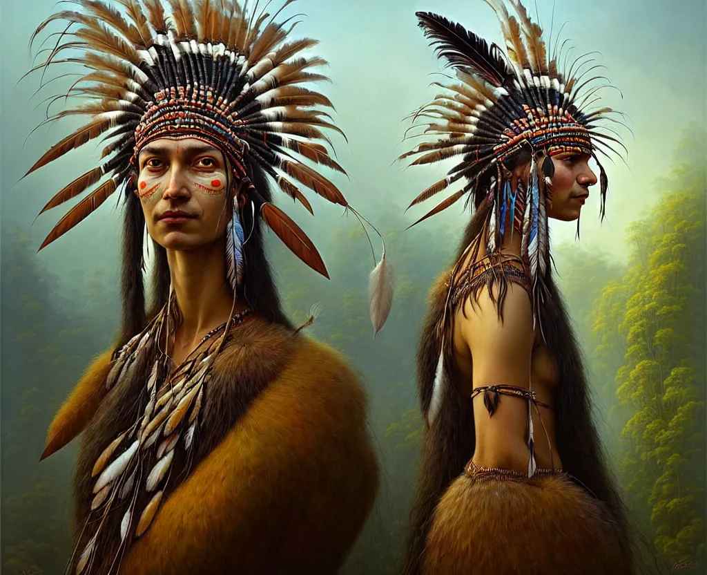 Prompt: gediminas pranckevicius very sharp ultra detailed stunningly beautiful alluring and attractive tribal indigenous with feather headdress, amazon indian peoples in brazil, physically based rendering, defined features by ellen jewett, tomasz alen kopera and justin gerard