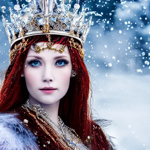 Prompt: beautiful ice queen with ornate cloak and crown, highly detailed, 4k, HDR, smooth, sharp focus, hyper realistic, high resolution, award-winning photo