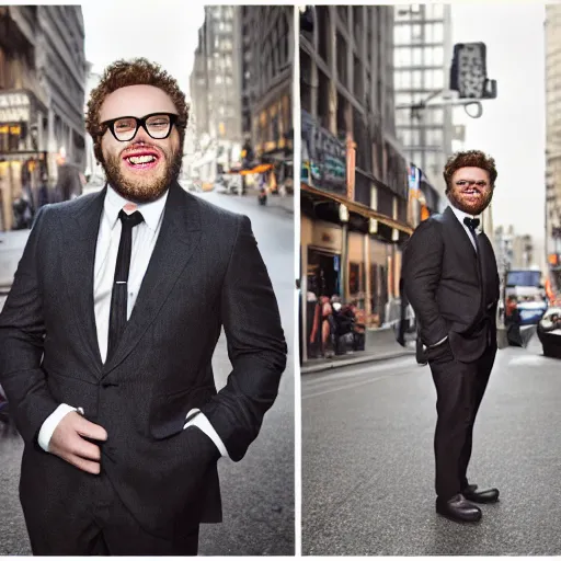 Image similar to seth rogan on a street wearing a suit, laughing, portrait, realistic, city street, detailed, depth of field, sharp focus