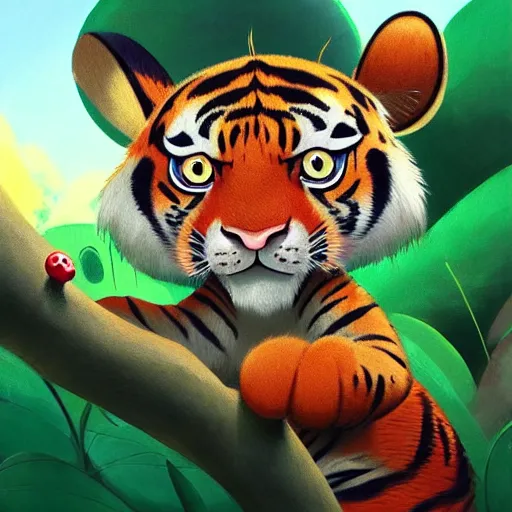 Image similar to goro fujita illustration a young cat tiger in the jungle by goro fujita, painting by goro fujita, sharp focus, highly detailed, artstation