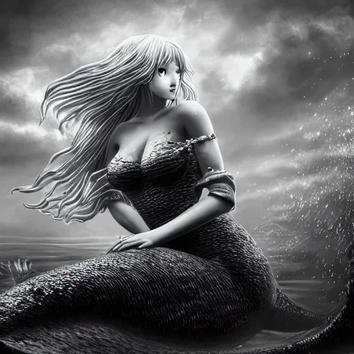 Image similar to mermaid in the style of kentaro miura, 4 k, 8 k, absolute detail of even the smallest details and particles, beautiful shadows, beautiful art, black and white drawing