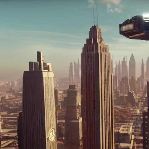 Image similar to a promotional movie still of a futuristic flying truck. the truck is hovering high in the air next to a tall impressive looking building. the truck looks like a food truck. fifth element ( 1 9 9 7 ), unreal engine 5, octane 3 d, render, imax 7 0 mm