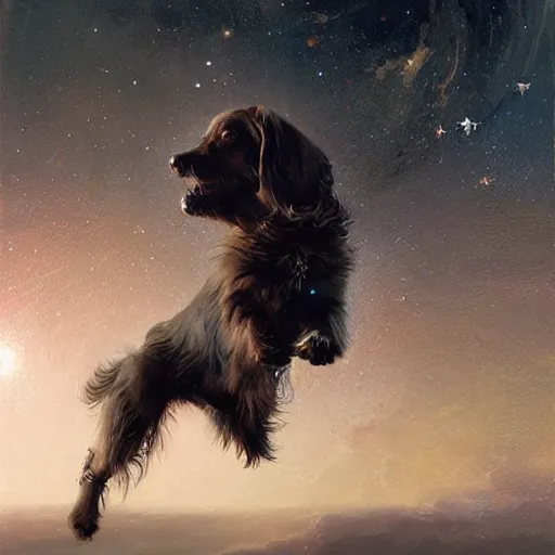 Image similar to portrait of a beautiful young dog falling into the stars by greg rutkowski, 4k, intricate details