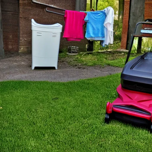Prompt: lots of laundry and a lawnmower