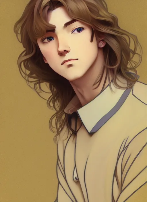 Image similar to pretty young man with shoulder length shiny shimmering golden blond hair, path traced, highly detailed, high quality, digital painting, by studio ghibli and alphonse mucha, leesha hannigan, makoto shinkai, disney