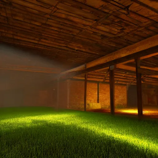 Prompt: dilapidated barn with green light emitting from within, it is night time, ray tracing, unreal engine 5