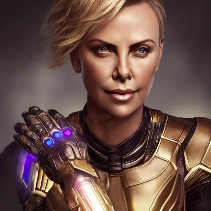 Image similar to portrait of Charlize Theron, wearing The Infinity Gauntlet. intricate artwork. octane render, trending on artstation, very coherent symmetrical artwork. avengers. thanos. cinematic, hyper realism, high detail, octane render, 8k, iridescent accents