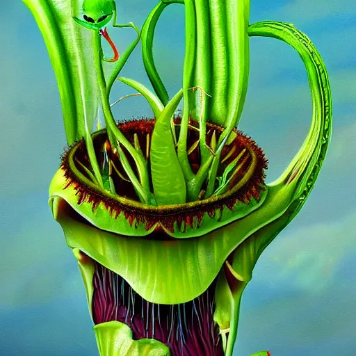Prompt: cute anthropormorphic carniverous plants venus fly trap with big eyes and big teeth detailed painting 4 k