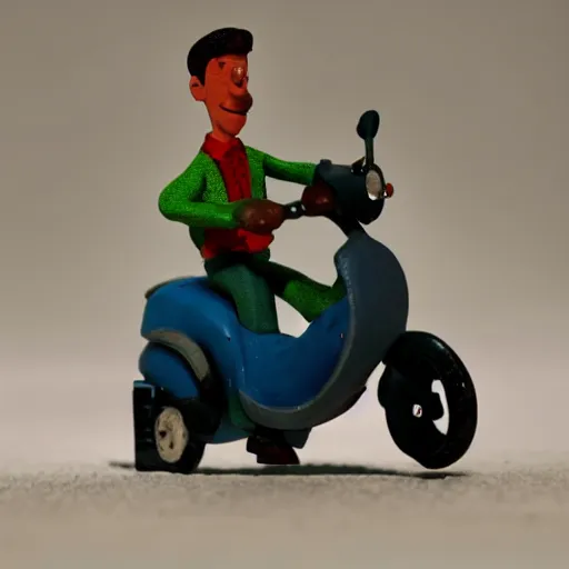 Image similar to a claymation figure of a man on a scooter