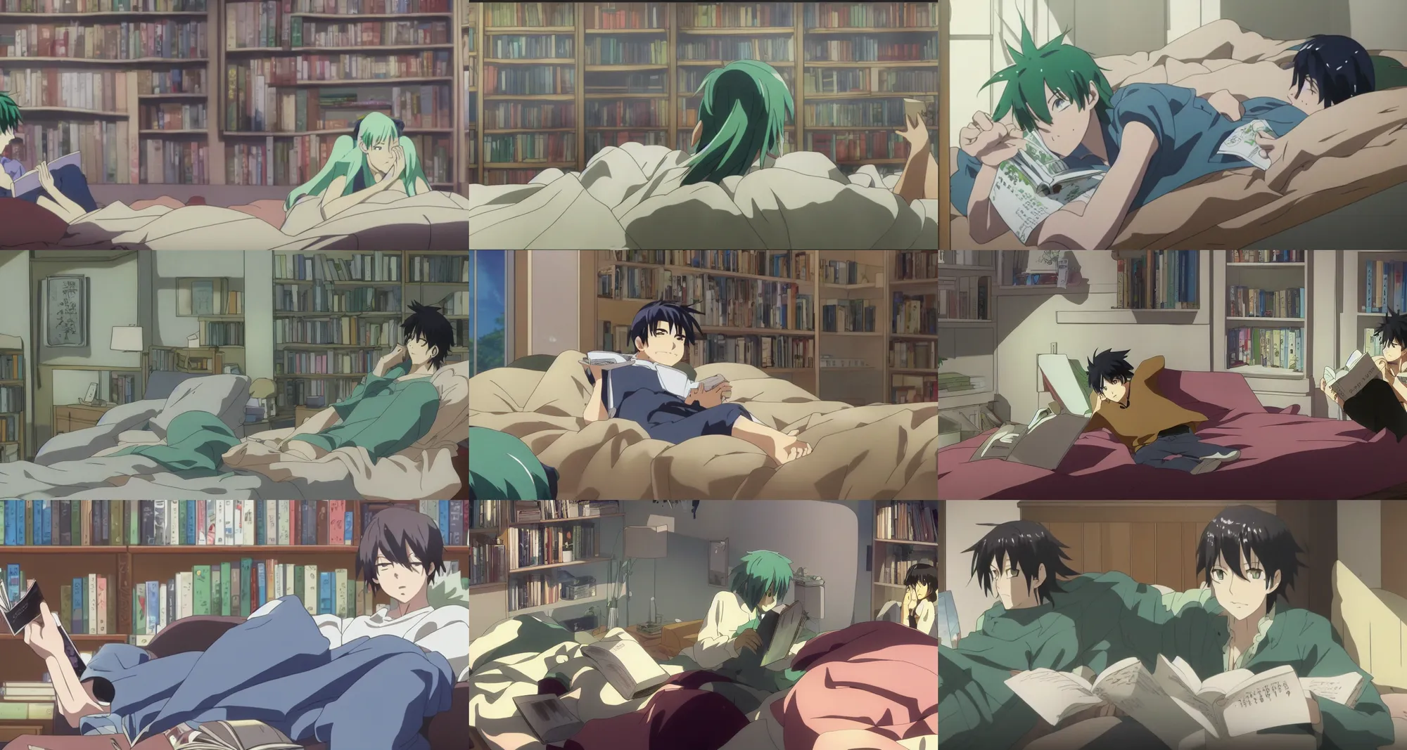 Prompt: screenshot from the anime film by makoto shinkai, green-haired male reading manga in bedroom with bookshelf