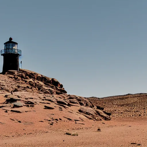 Image similar to an old lighthouse in the middle of the desert sitting on a rock, post apocalyptic