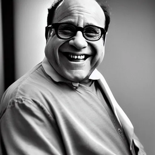 Image similar to Danny Devito smiling, photoshoot, 30mm, Taken with a Pentax1000, studio lighting