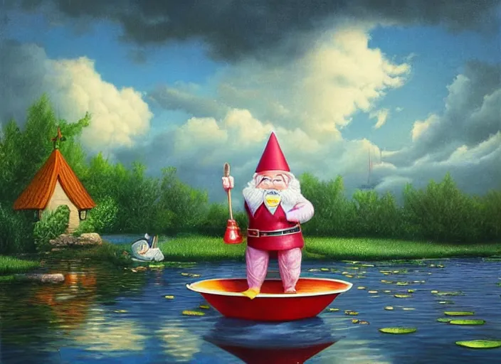 Image similar to a garden gnome sailing in a bucket, whimsical background of a reflective pond on a sunny day with dramatic clouds, an ultrafine detailed painting by mark ryden, trending on deviantart, pop surrealism, whimsical, lowbrow, joyous, perfect symmetrical face