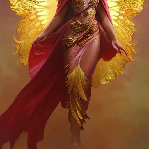 Image similar to a beautiful orchid phoenix angel woman, in an ornamented dress with large wings, volumetric light, god rays, 8 k high resolution, rubies, by greg rutkowski, artgerm, alphonse mucha